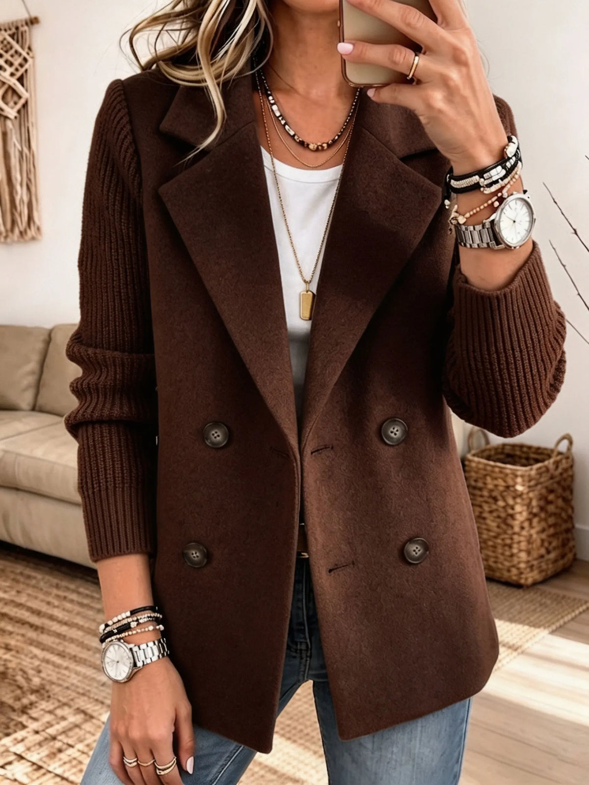 Sabine | Double-Breasted Blazer with Knit Sleeves