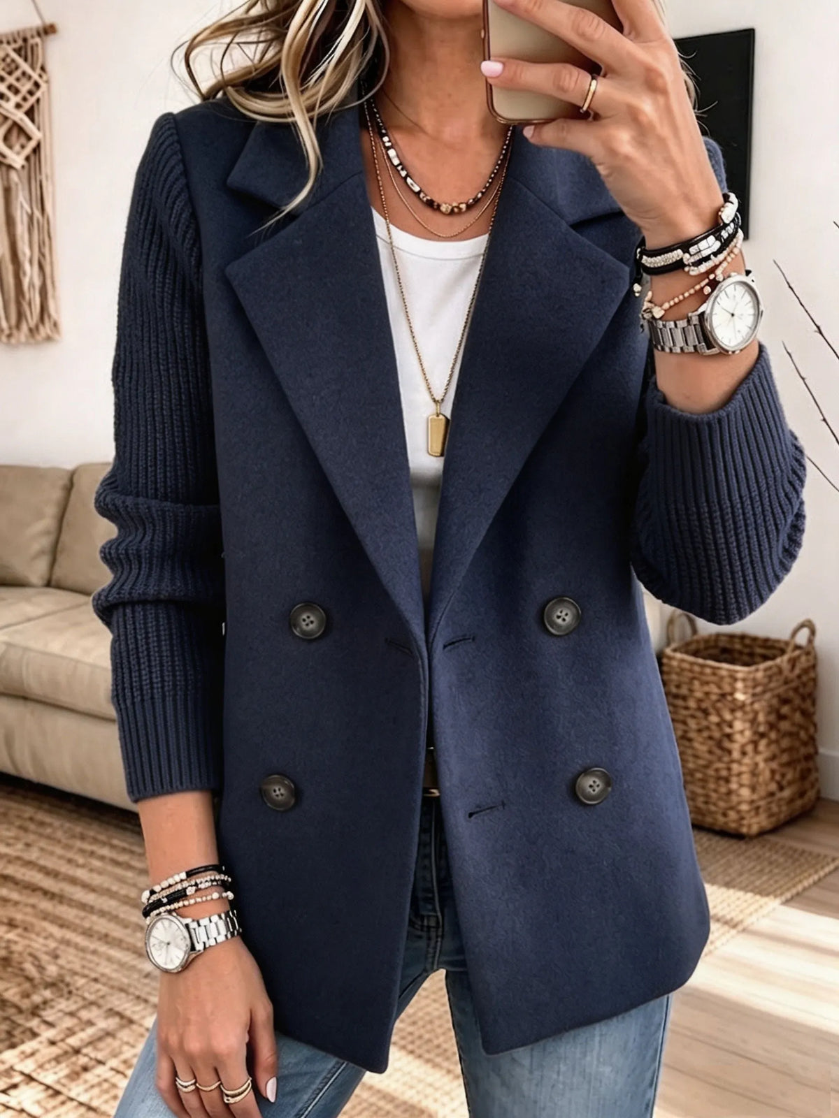 Sabine | Double-Breasted Blazer with Knit Sleeves