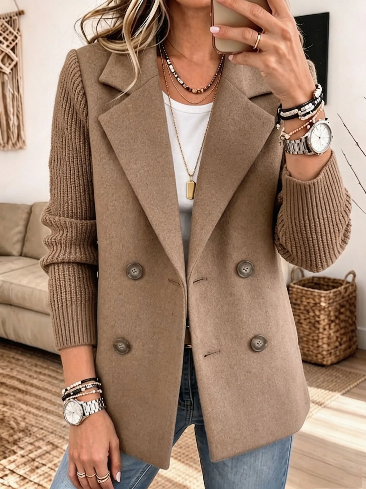 Sabine | Double-Breasted Blazer with Knit Sleeves