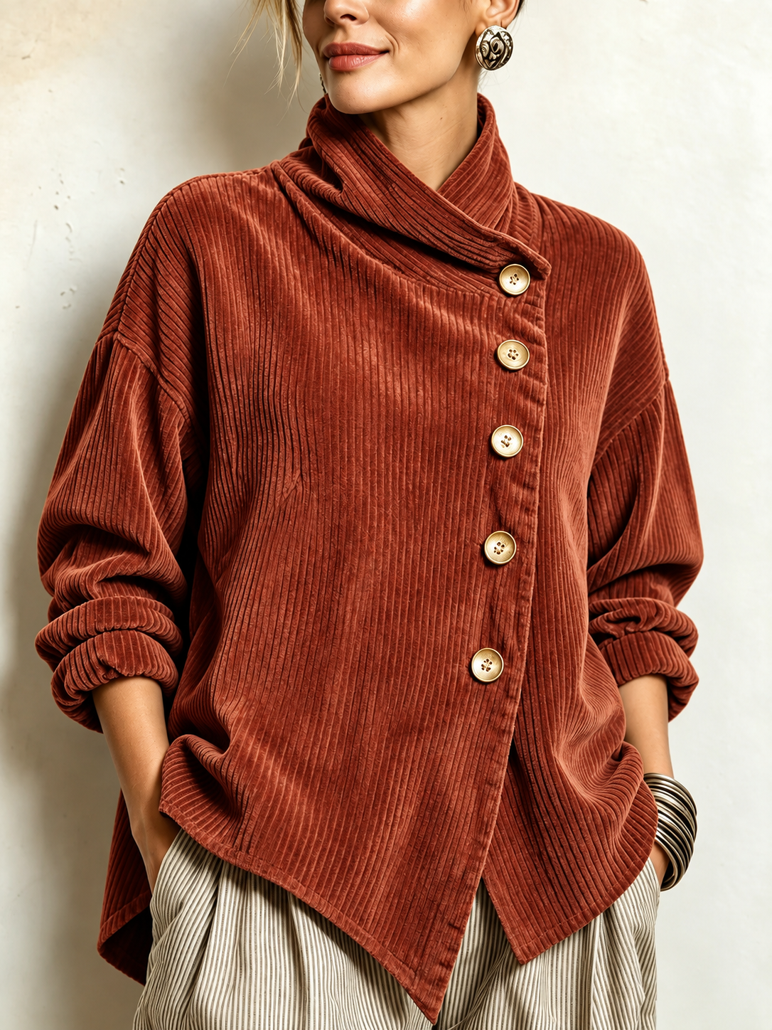 AVERY | Women's Wrap Collar Corduroy Button-Up Top
