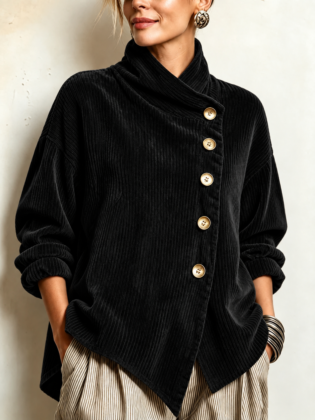 AVERY | Women's Wrap Collar Corduroy Button-Up Top