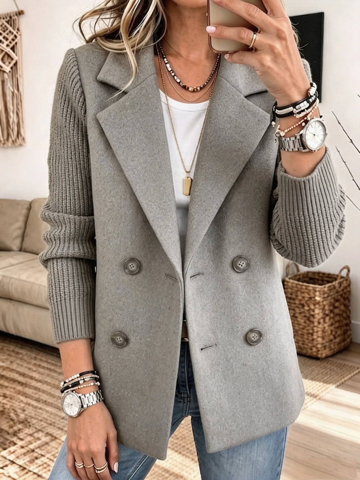 Sabine | Double-Breasted Blazer with Knit Sleeves
