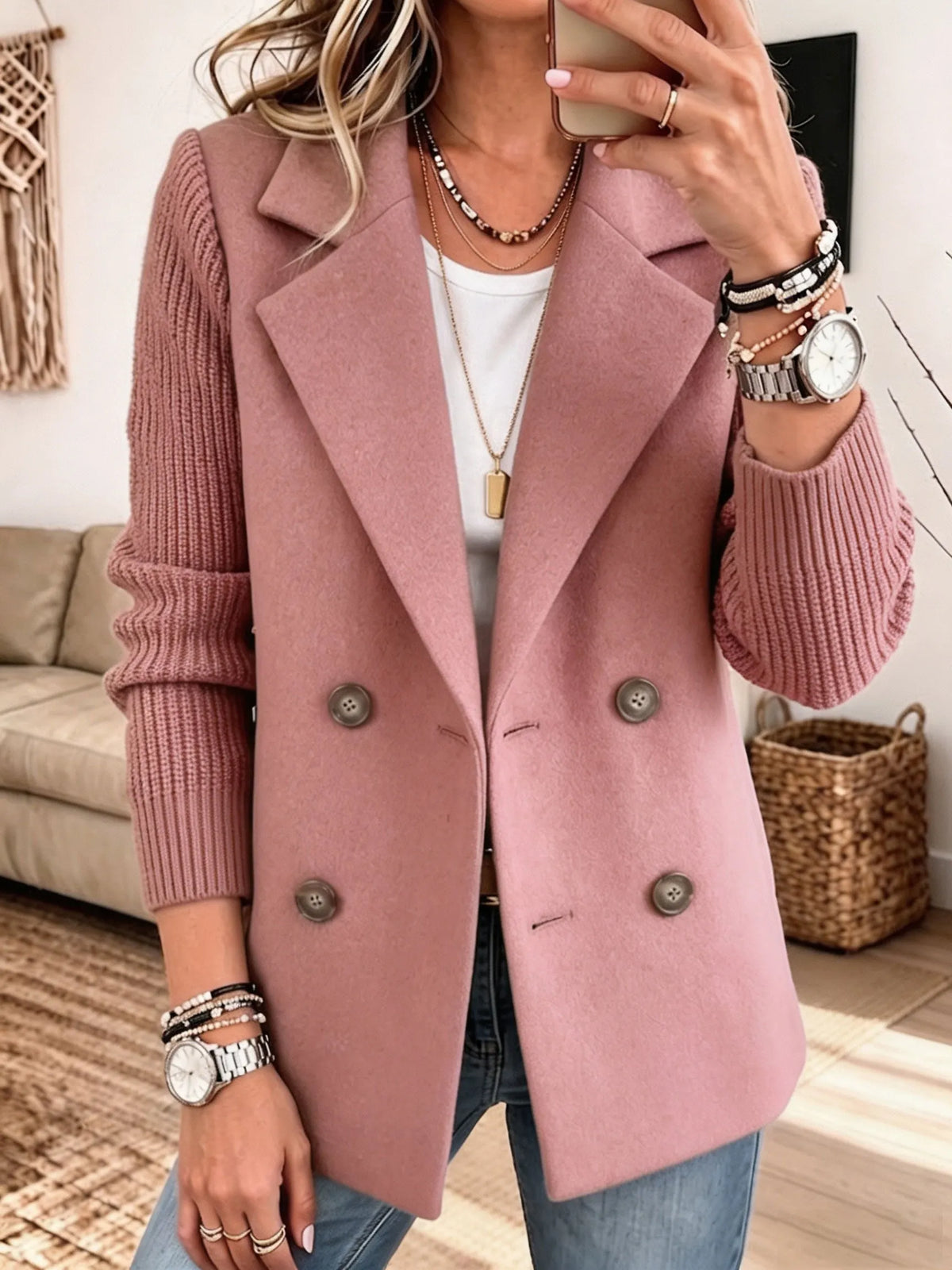 Sabine | Double-Breasted Blazer with Knit Sleeves