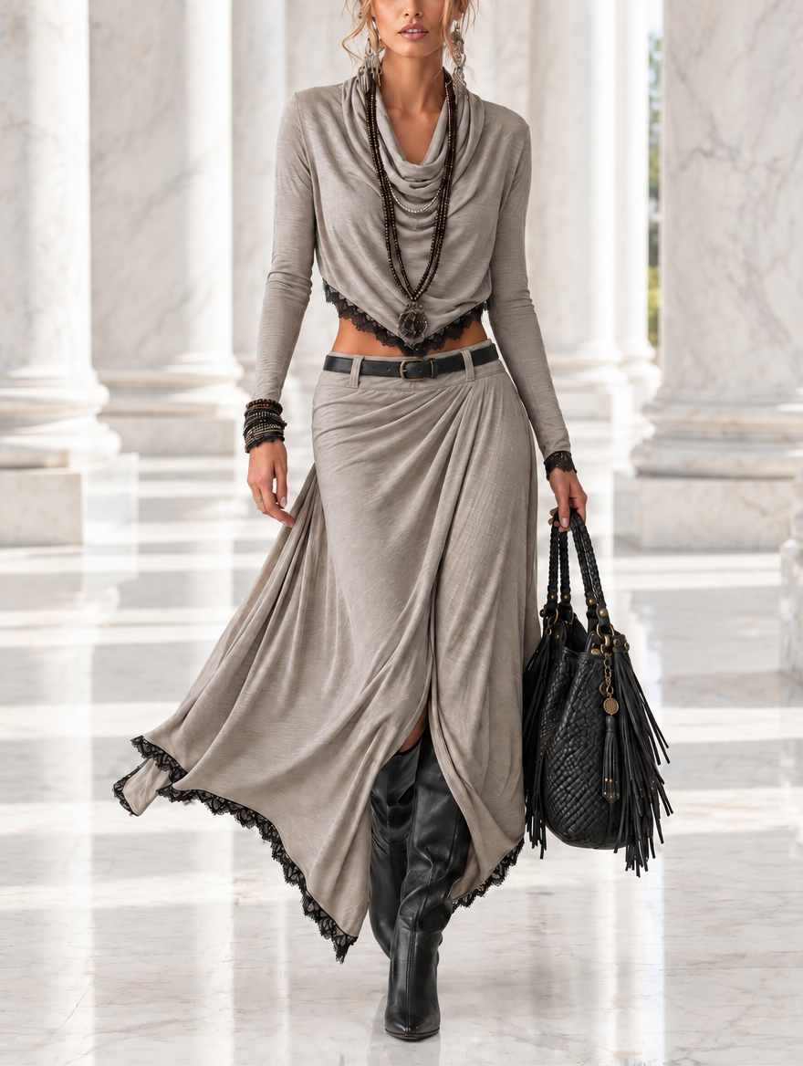 Michela | Draped Crop Top & Slit Maxi Skirt Set